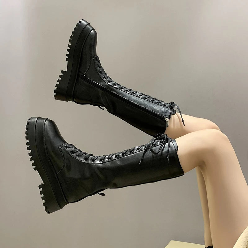 Rimocy 2024 New Fashion Chunky Platform Boots Women Autumn Winter PU Leather Knee High Boots Woman Punk Thick Bottom Long Botas