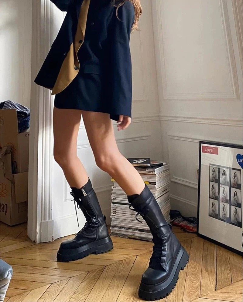 Rimocy 2024 New Fashion Chunky Platform Boots Women Autumn Winter PU Leather Knee High Boots Woman Punk Thick Bottom Long Botas