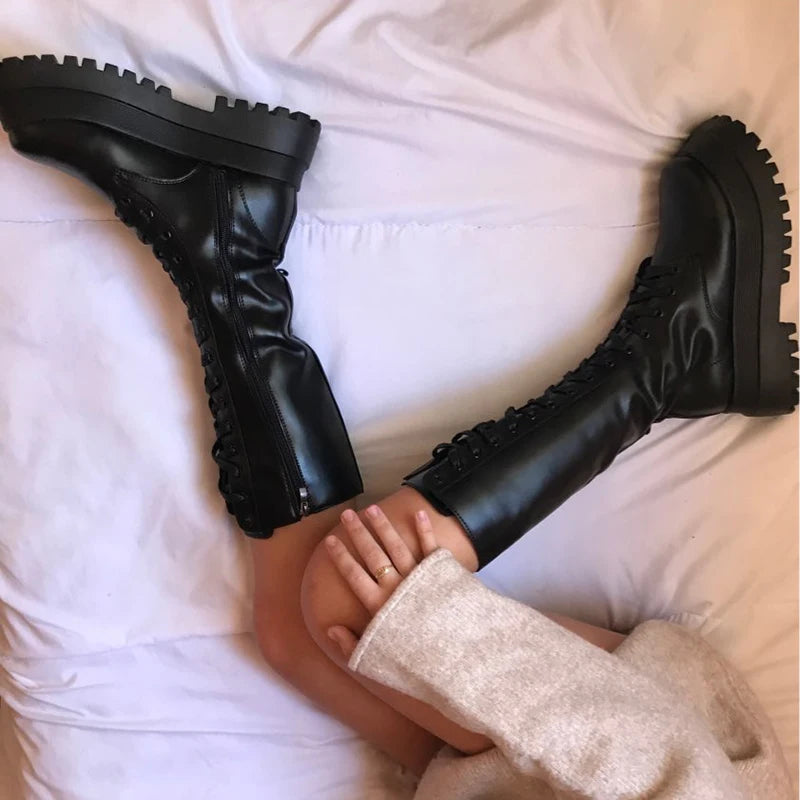 Rimocy 2024 New Fashion Chunky Platform Boots Women Autumn Winter PU Leather Knee High Boots Woman Punk Thick Bottom Long Botas