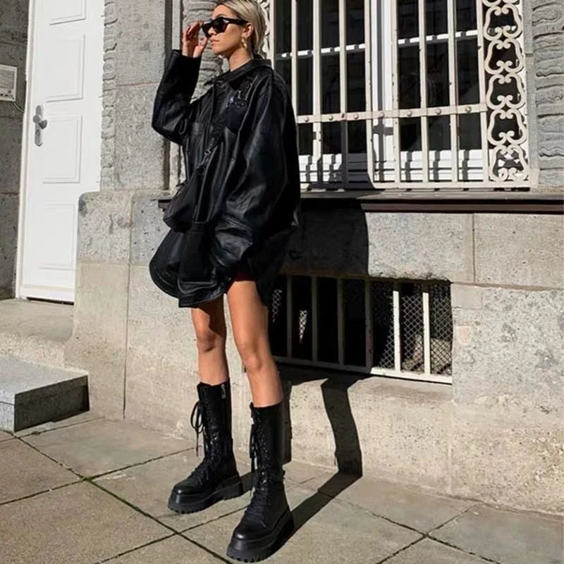 Rimocy 2024 New Fashion Chunky Platform Boots Women Autumn Winter PU Leather Knee High Boots Woman Punk Thick Bottom Long Botas