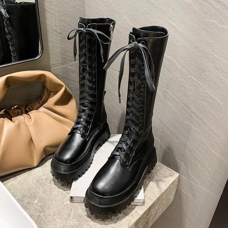 Rimocy 2024 New Fashion Chunky Platform Boots Women Autumn Winter PU Leather Knee High Boots Woman Punk Thick Bottom Long Botas