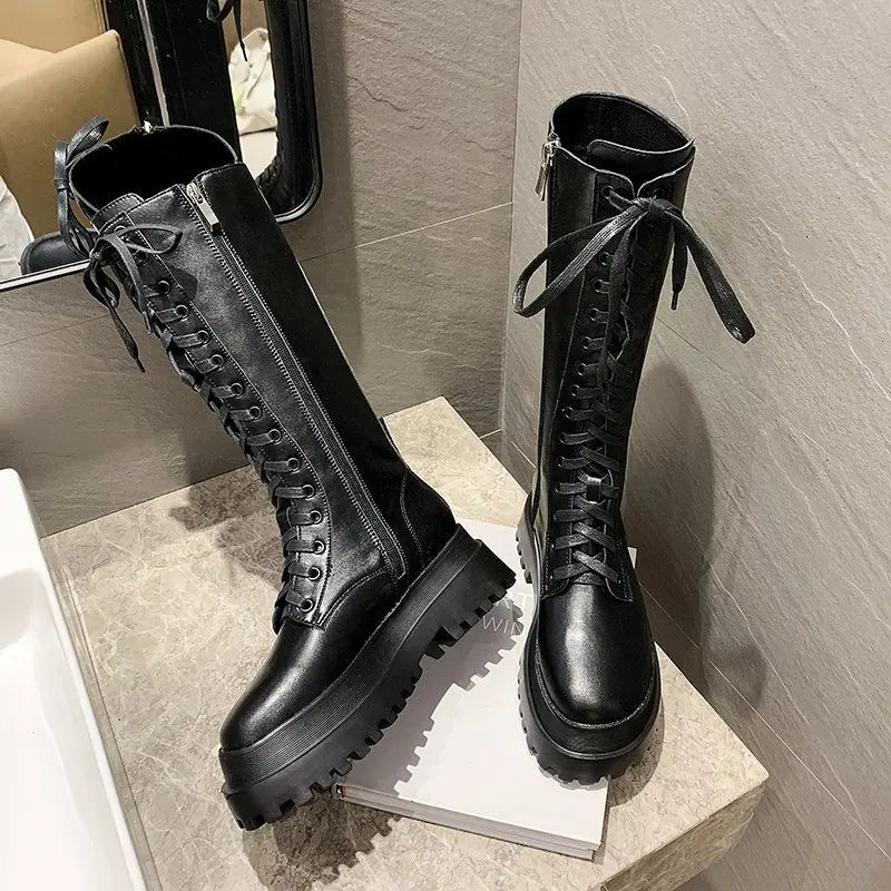 Rimocy 2024 New Fashion Chunky Platform Boots Women Autumn Winter PU Leather Knee High Boots Woman Punk Thick Bottom Long Botas