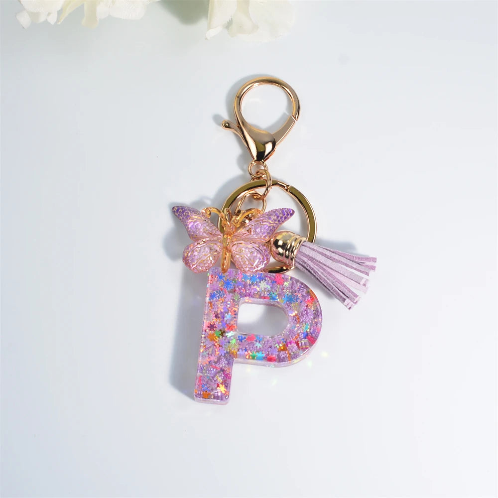 A-Z Dreamy Sequin Letters Keychain for Women Tassel Butterfly Pendant Initial Keyring Purse Suspension Bags Charms Car Key Chain