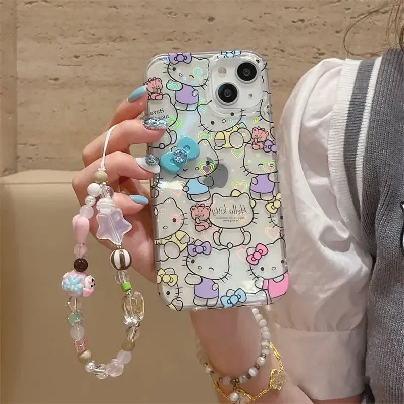 Sanrio Hello Kitty Stand Blue Bow Phone Case For iPhone 15 14 12 13 11 Pro Max XR XS MAX 7 8 PLUS MINI Y2K Cartoon Girl Cover