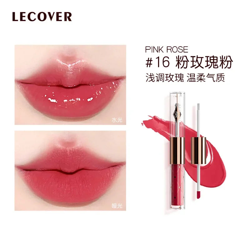 LECOVER Double-head Lip Gloss Essence Lipstick Non-stick Cup Long-lasting Lip Glaze Waterlight Mirror Lip Gloss Makeup Cosmetics