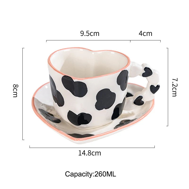 Novelty Hand Painted Love Ceramics Mug Heart Shape Coffee cup with Saucer Romantic Gifts Afternoon tea Cup Breakfast milk cups