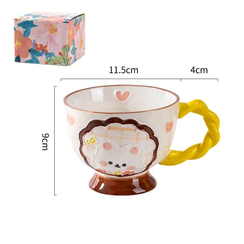 Cute Ceramic Mug Hand-painted Embossed Breakfast Cup 450ML Home Oatmeal Cups Breakfast Mugs Creative Milk Cups Coffee Cups