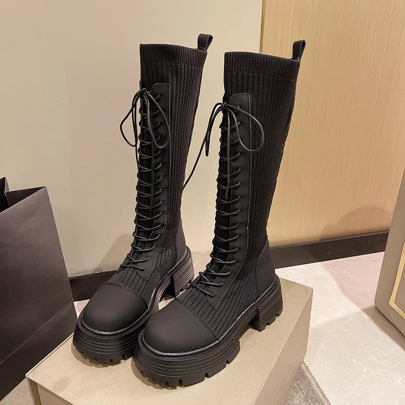 Rimocy 2024 Autumn Winter New Chunky Platform Long Boots Women Thick-soled Stretch Knitted Knee High Boots Woman Botas De Mujer