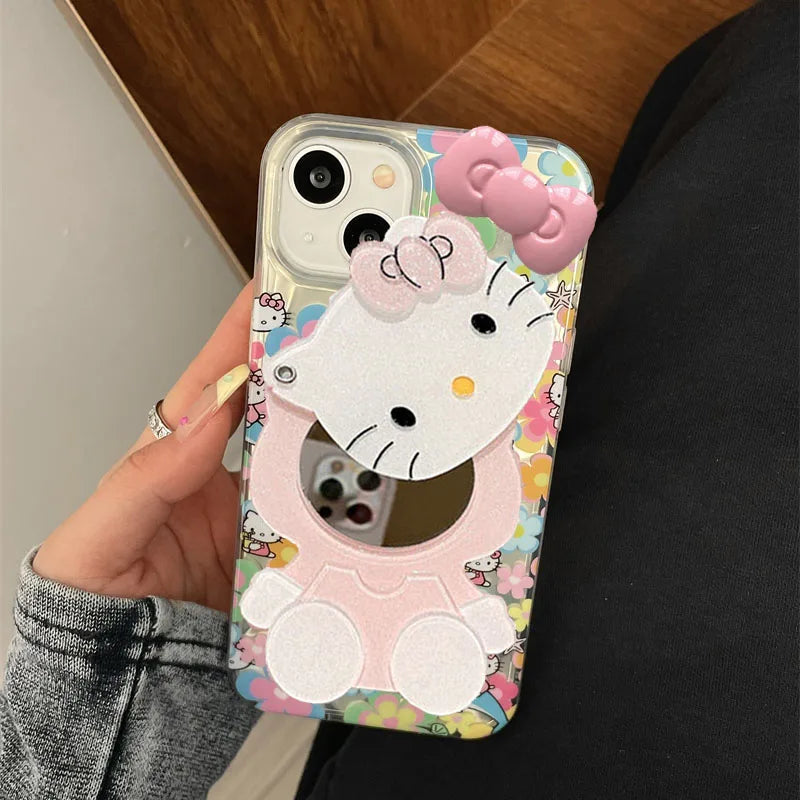 Full Screen Flower Hello Kitty Bow Mirror Strap Phone Case For iPhone 16 15 14 12 13 11 Pro Max XR XS MAX 7 8PLUS MINI Y2K Cover