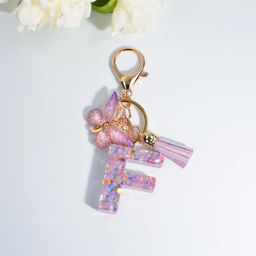 A-Z Dreamy Sequin Letters Keychain for Women Tassel Butterfly Pendant Initial Keyring Purse Suspension Bags Charms Car Key Chain