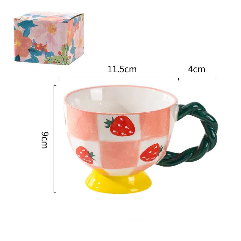 Cute Ceramic Mug Hand-painted Embossed Breakfast Cup 450ML Home Oatmeal Cups Breakfast Mugs Creative Milk Cups Coffee Cups