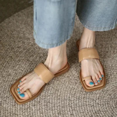 Square Head lady Slippers Summer Korean Style Flat Bottom Casual Women's Shoes Comfortable Non-slip Solid Colour Beach Sandals