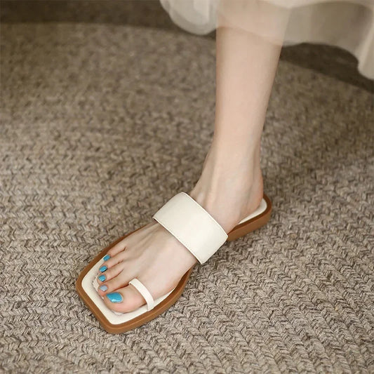 Square Head lady Slippers Summer Korean Style Flat Bottom Casual Women's Shoes Comfortable Non-slip Solid Colour Beach Sandals