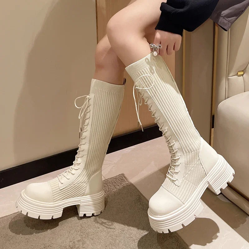 Rimocy 2024 Autumn Winter New Chunky Platform Long Boots Women Thick-soled Stretch Knitted Knee High Boots Woman Botas De Mujer