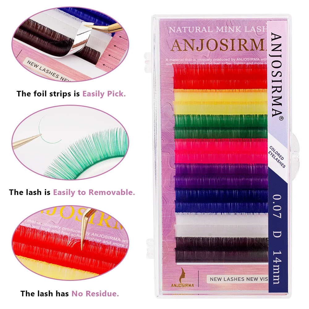 ANJOSIRMA Mix Color eyelashes Make up High Quality Soft Natural Synthetic Mink Rainbow Eyelash Extension Supplies 8 Colors Mix