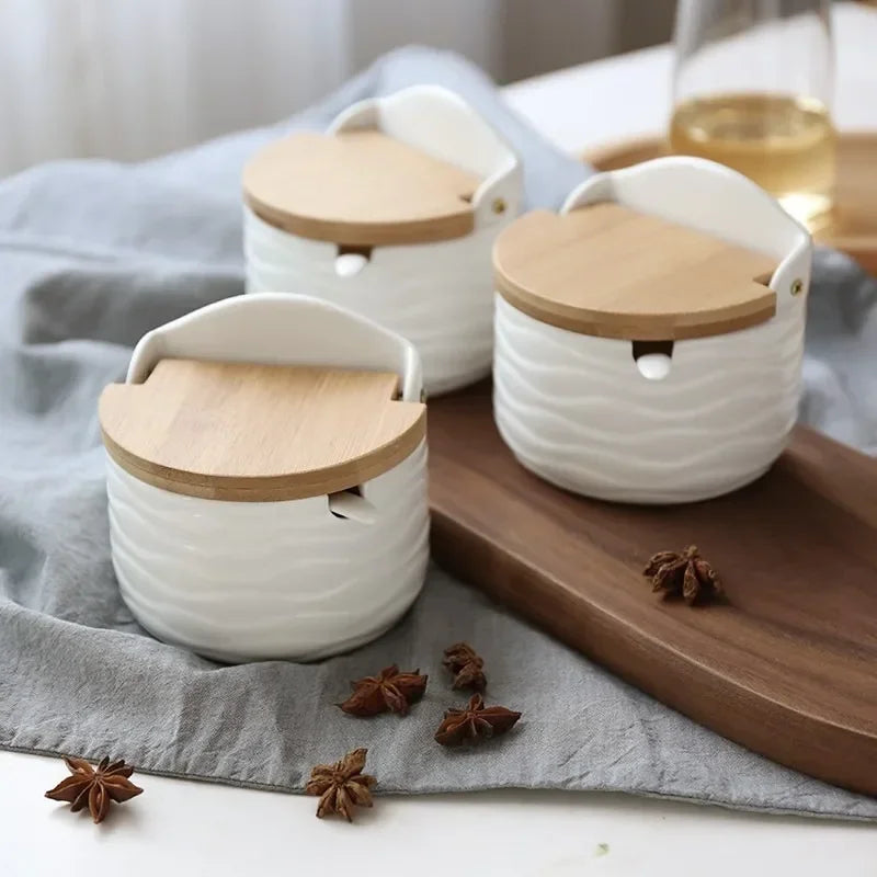 White Ceramic Seasoning Jar Japanese Style Bamboo Lid Spice Jar with Spoon Household Container Sugar Salt Spices Storage Box