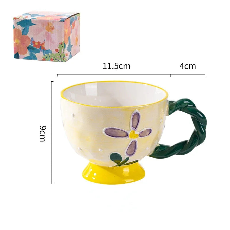 Cute Ceramic Mug Hand-painted Embossed Breakfast Cup 450ML Home Oatmeal Cups Breakfast Mugs Creative Milk Cups Coffee Cups