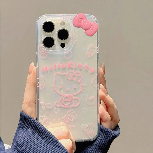 Sanrio Hello Kitty Stand Holder Happy Phone Case For iPhone 15 14 12 13 11 Pro Max XR XS MAX 7 8 PLUS MINI Y2K Bow Laser Cover