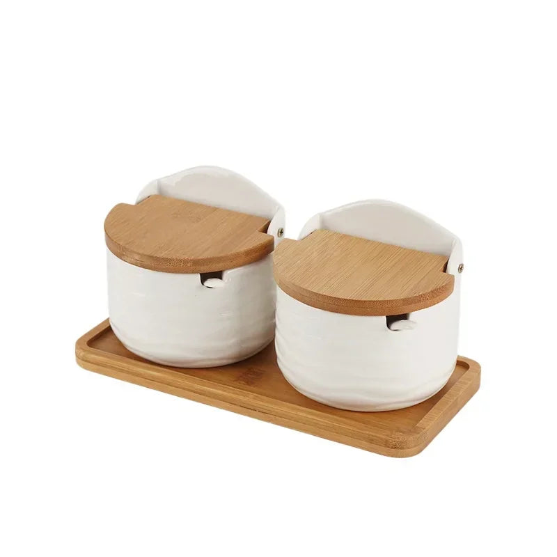 White Ceramic Seasoning Jar Japanese Style Bamboo Lid Spice Jar with Spoon Household Container Sugar Salt Spices Storage Box