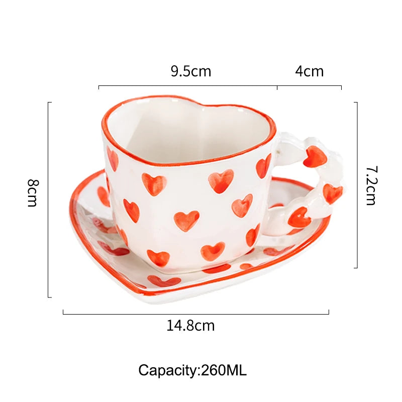 Novelty Hand Painted Love Ceramics Mug Heart Shape Coffee cup with Saucer Romantic Gifts Afternoon tea Cup Breakfast milk cups