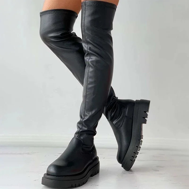 Autumn Winter Thigh High Boots Women Plus Size Slim PU Leather Long Boots Woman Fashion Platform Over The Knee Botas Mujer 2024