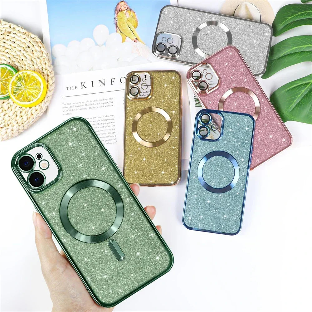 Electroplate Glitter Case For iPhone 16 15 14 13 12 11 Pro Max Plus For Magsafe Wireless Charge Bumper Cover With Lens Protector