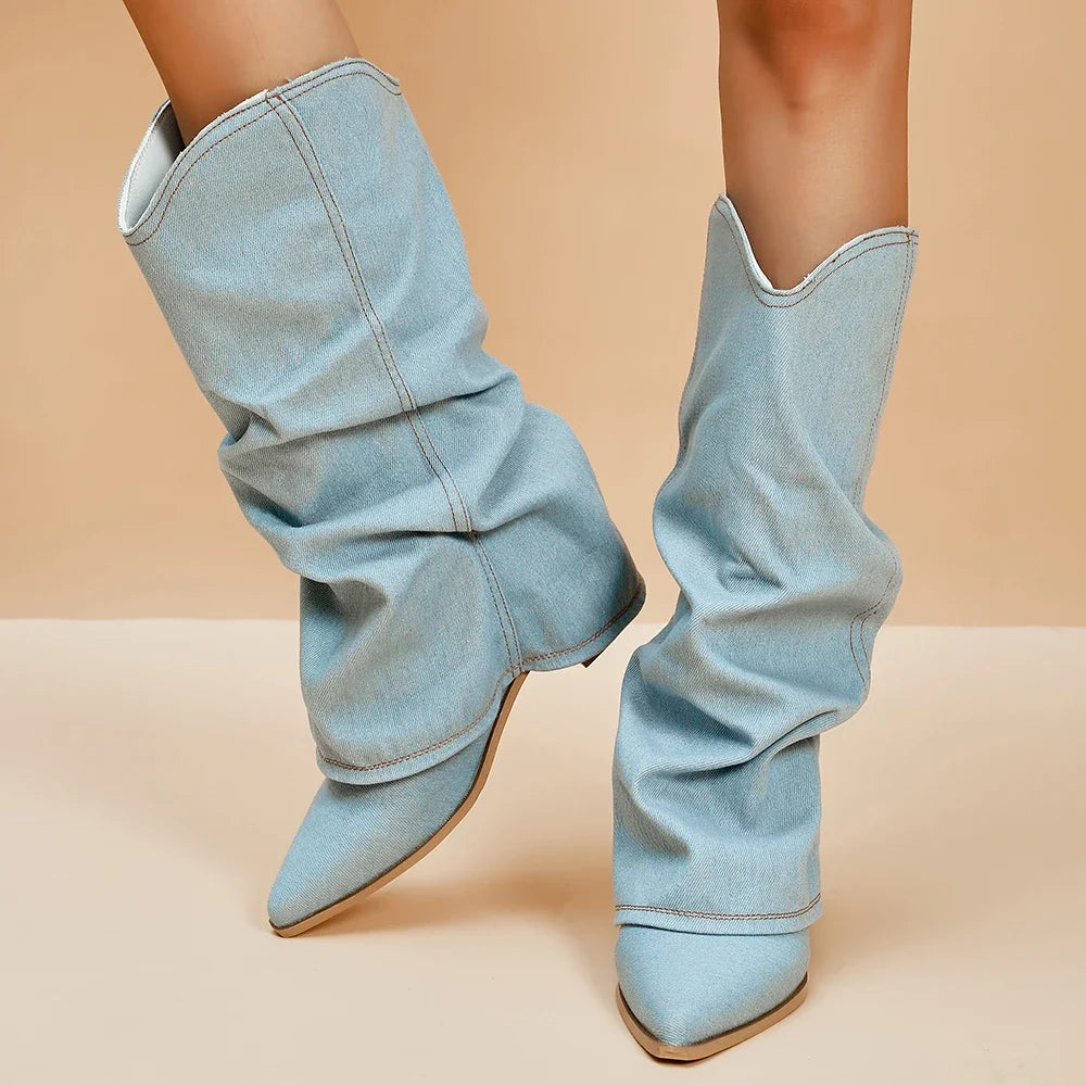 Pleated Block Heels Denim Boots for Women 2024 Autumn Pointed Toe Women High Knee Boots Plus Size Fashion Cowboy Woman Boots