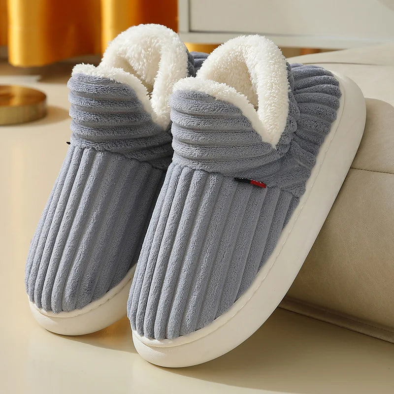 2024 Fashion Couple Winter Warm Plush Slippers Thick Sole Non Slip Casual Cotton Shoes Woman Corduroy Soft Indoor Home Slippers