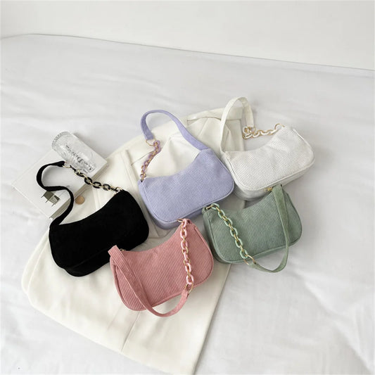 Women Vintage Handbags Fashion Chain Small Shoulder Bags Autumn Winter Corduroy Underarm Bag Female Soft Casual Clutch Handbag