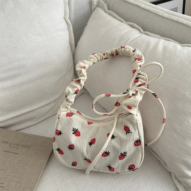 Women Small Underarm Bag Corduroy Handbag Cute Strawberry Print Little Tote Half Moon Design Eco Cloth Purse Mini Shoulder Bags