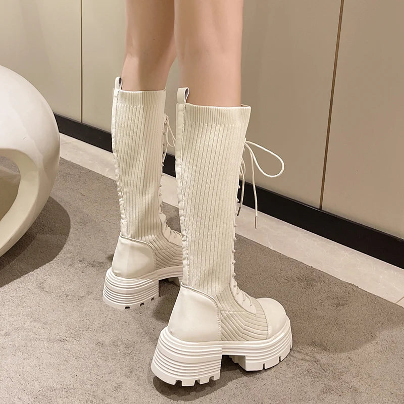 Rimocy 2024 Autumn Winter New Chunky Platform Long Boots Women Thick-soled Stretch Knitted Knee High Boots Woman Botas De Mujer