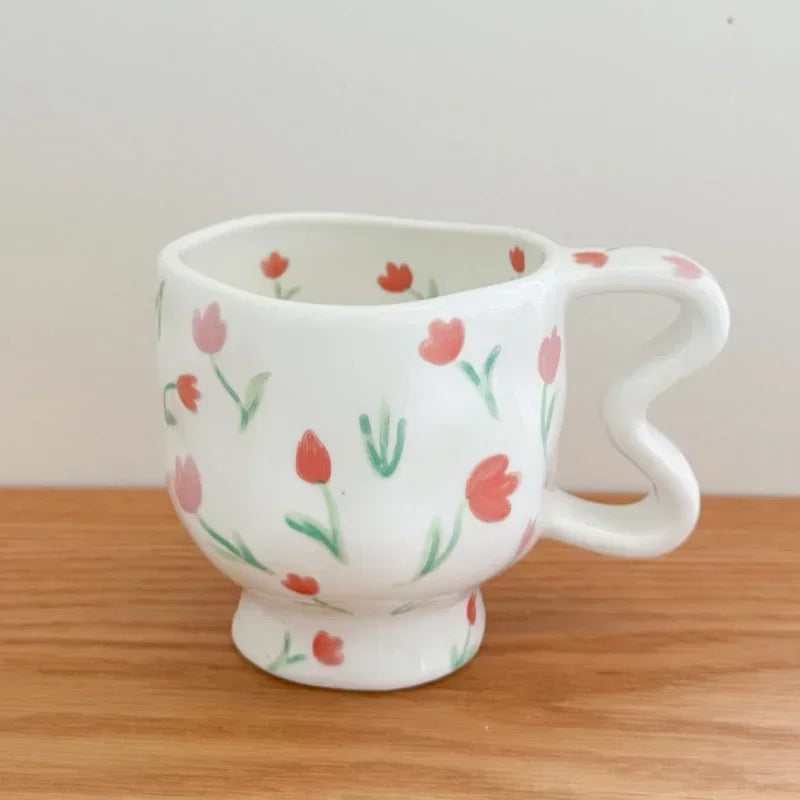 Floral Ceramic High Footed Mug Coffee Cup Hand Pinched Irregular Flower Milk Tea Cup Oatmeal Breakfast Mug Juice Cups Drinkware