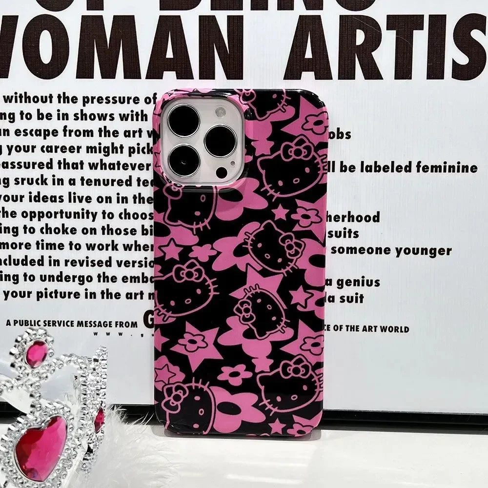 Full Screen Black Hello Kitty Star Phone Case For IPhone 16 15 14 12 13 11 Pro Max XR XS MAX 7 8 PLUS Y2K Pink Girl Kawaii Cover