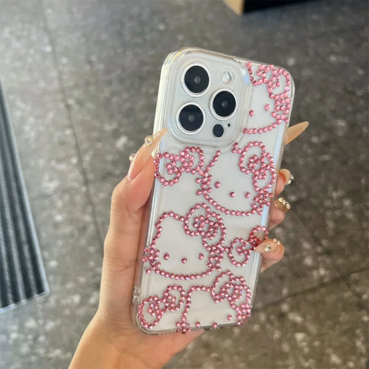 Full Screen Hello Kitty Sticking Diamonds Phone Case For IPhone 16 15 14 12 13 11 Pro Max XR XSMAX 7 8PLUS Y2K Girl Kawaii Cover