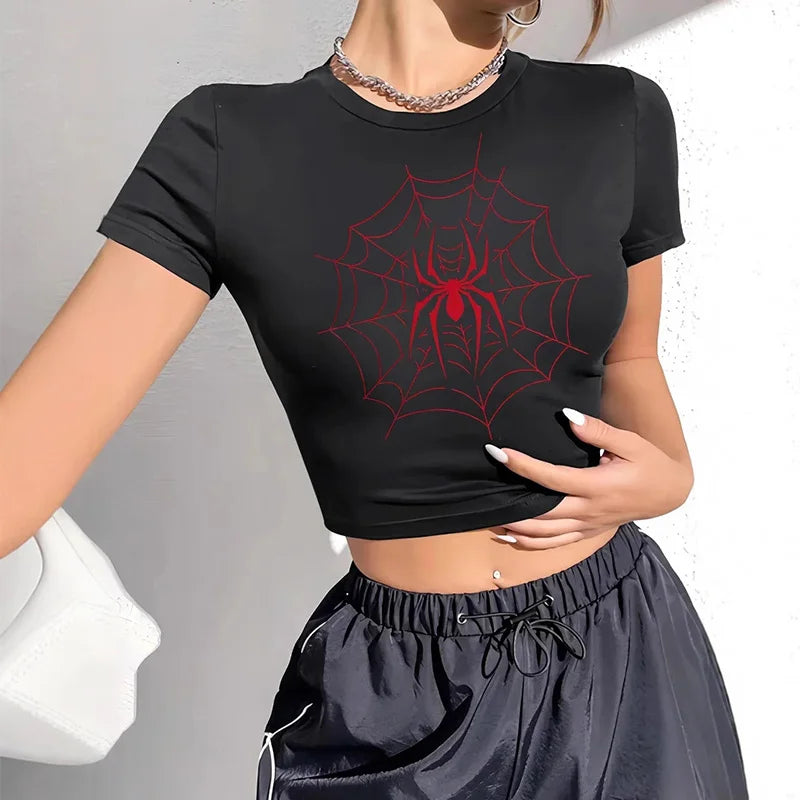 Women's Spider Print Round Neck Short Sleeve Slim Fit Cropped Top T-Shirt Women Clothes Aesthetic Clothes