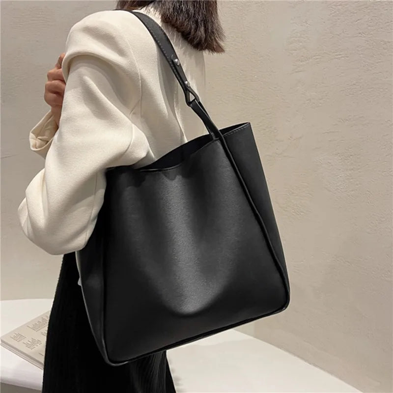 Simple Women Bucket Shoulder Bags New Solid Color Handbags Retro Large Capacity Tote Bags Large Capacity Pu Leather Bags 2024