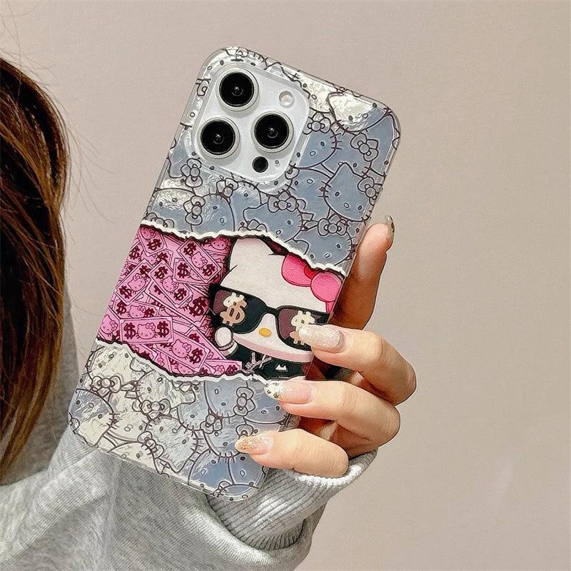 Hello Kitty Money Sunglasses KT Cat Strap Phone Case For iPhone 16 15 14 12 13 11 Pro Max XR XS MAX 7 8 PLUS MINI Y2K Girl Cover