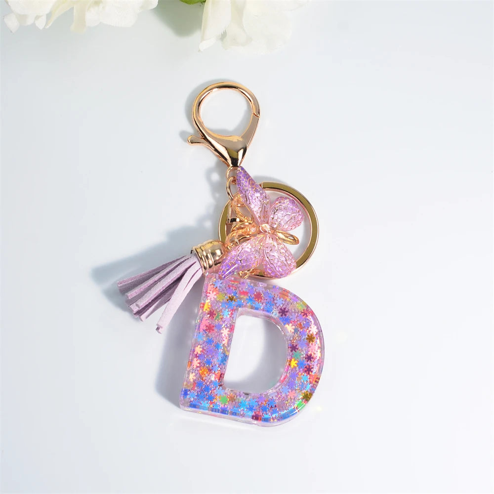 A-Z Dreamy Sequin Letters Keychain for Women Tassel Butterfly Pendant Initial Keyring Purse Suspension Bags Charms Car Key Chain