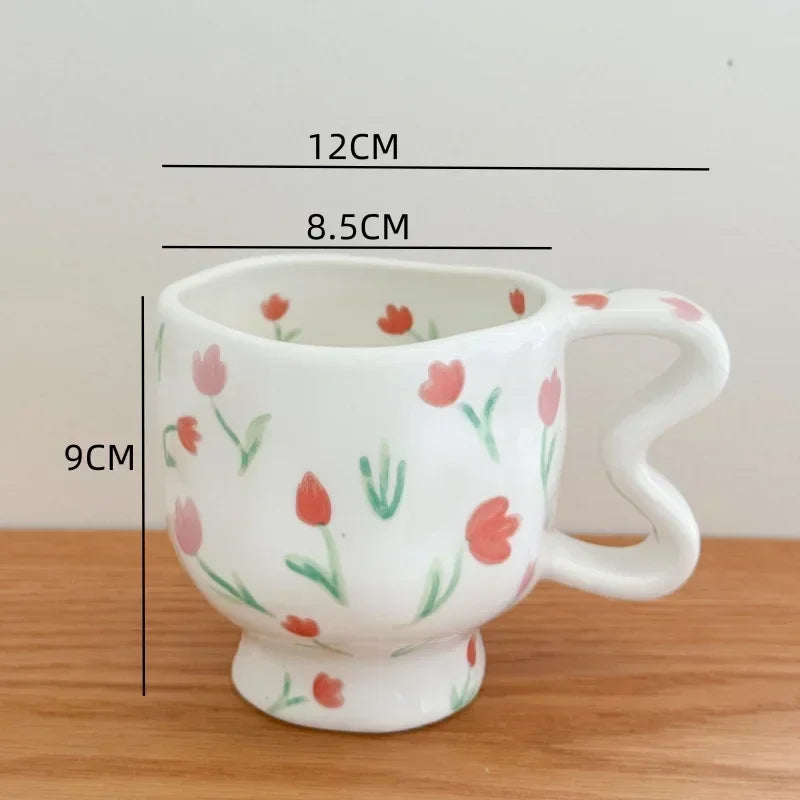 Floral Ceramic High Footed Mug Coffee Cup Hand Pinched Irregular Flower Milk Tea Cup Oatmeal Breakfast Mug Juice Cups Drinkware