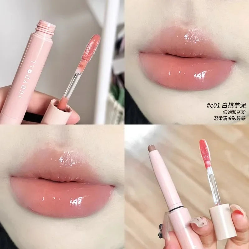 Judydoll Double Headed Water Lipstick Gloss Lip Glaze Lipliner and Lip Gloss All-in-One Moisturizing Lip Plump Makeup Cosmetics