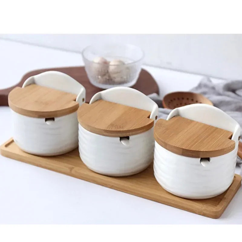 White Ceramic Seasoning Jar Japanese Style Bamboo Lid Spice Jar with Spoon Household Container Sugar Salt Spices Storage Box