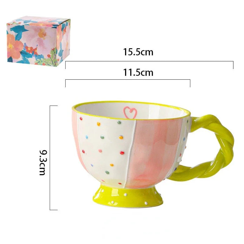 Cute Ceramic Mug Hand-painted Embossed Breakfast Cup 450ML Home Oatmeal Cups Breakfast Mugs Creative Milk Cups Coffee Cups