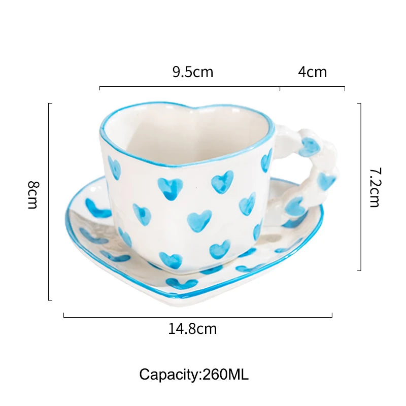 Novelty Hand Painted Love Ceramics Mug Heart Shape Coffee cup with Saucer Romantic Gifts Afternoon tea Cup Breakfast milk cups