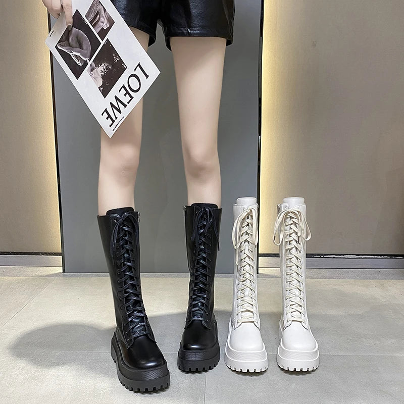 Chunky Platform Punk Boots Women Thick Bottom PU Leather Knee High Boots Woman Autumn Winter Fashion Motorcycle Botas Mujer 2024