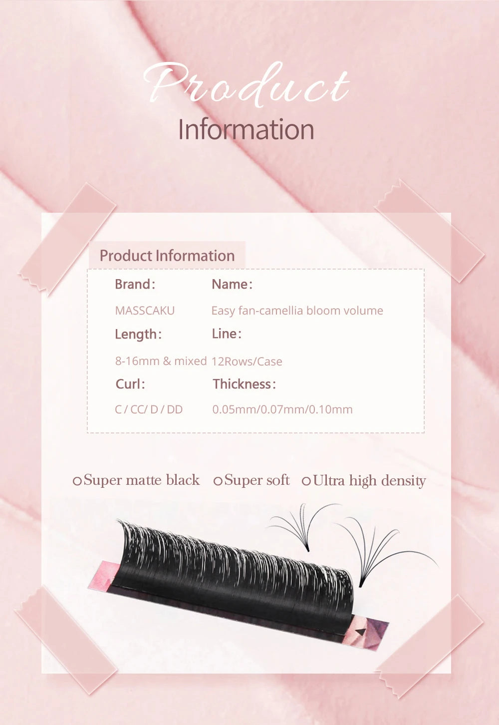 MASSCAKU C CC D DD Curl Self-making Fans Volume Lash Extensions Matte Black 8-16mm Mixed Size Camellia Blooming Eyelash Tray