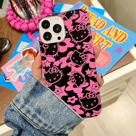 Full Screen Black Hello Kitty Star Phone Case For IPhone 16 15 14 12 13 11 Pro Max XR XS MAX 7 8 PLUS Y2K Pink Girl Kawaii Cover