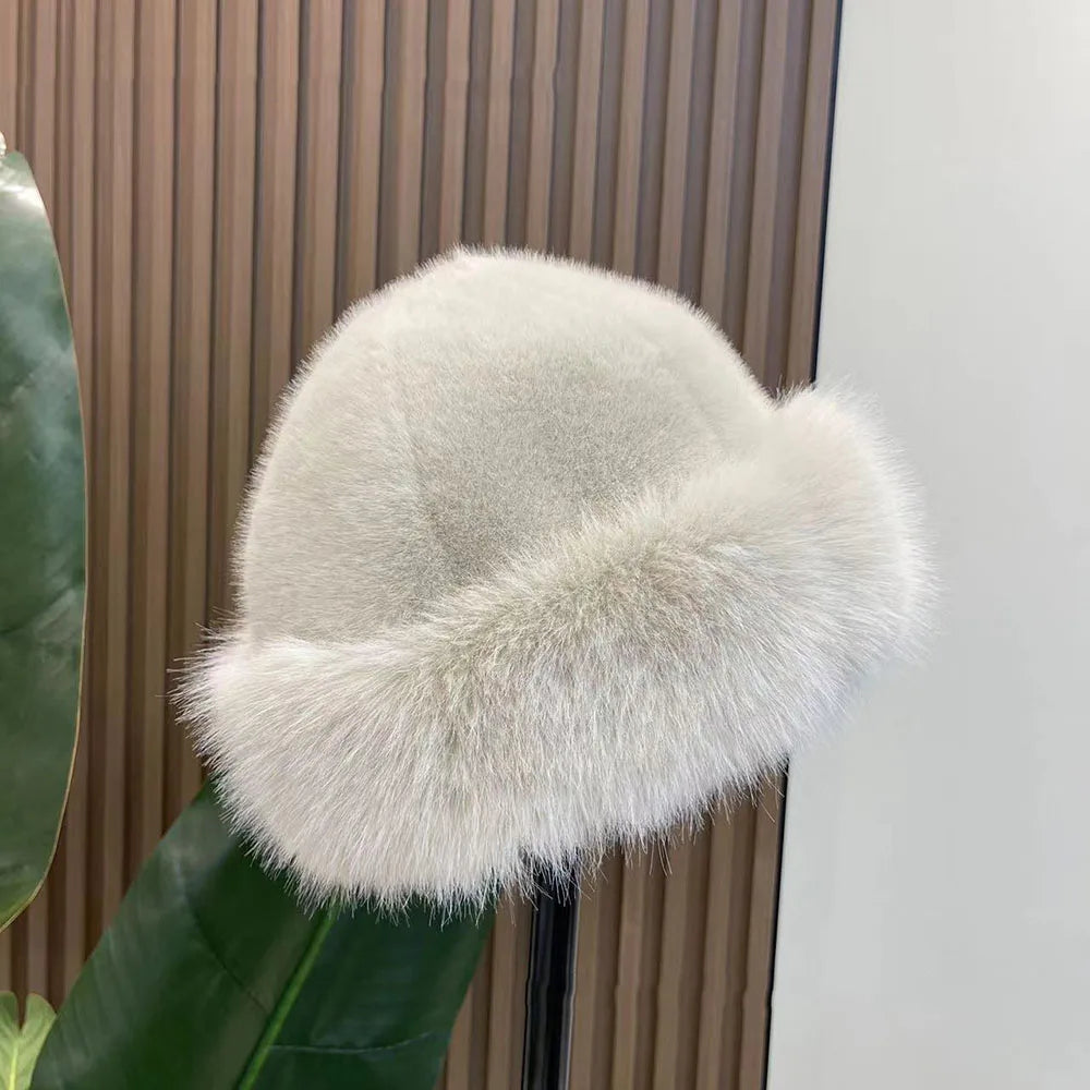 2024 Y2K Fluffy Faux Fur Bucket Hat Women Rabbit Fur Warm Thick Plush Winter Hat Lady Luxury Fashion Furry Panama Fisherman Cap