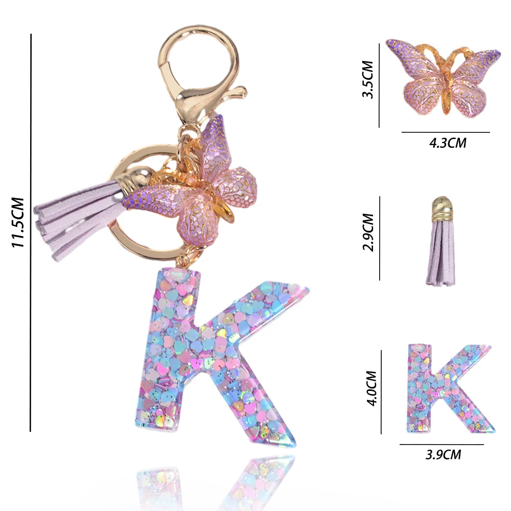 A-Z Dreamy Sequin Letters Keychain for Women Tassel Butterfly Pendant Initial Keyring Purse Suspension Bags Charms Car Key Chain