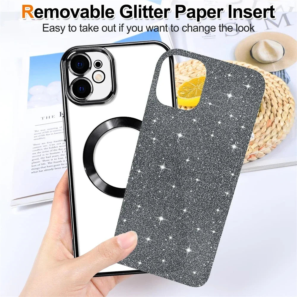 Electroplate Glitter Case For iPhone 16 15 14 13 12 11 Pro Max Plus For Magsafe Wireless Charge Bumper Cover With Lens Protector