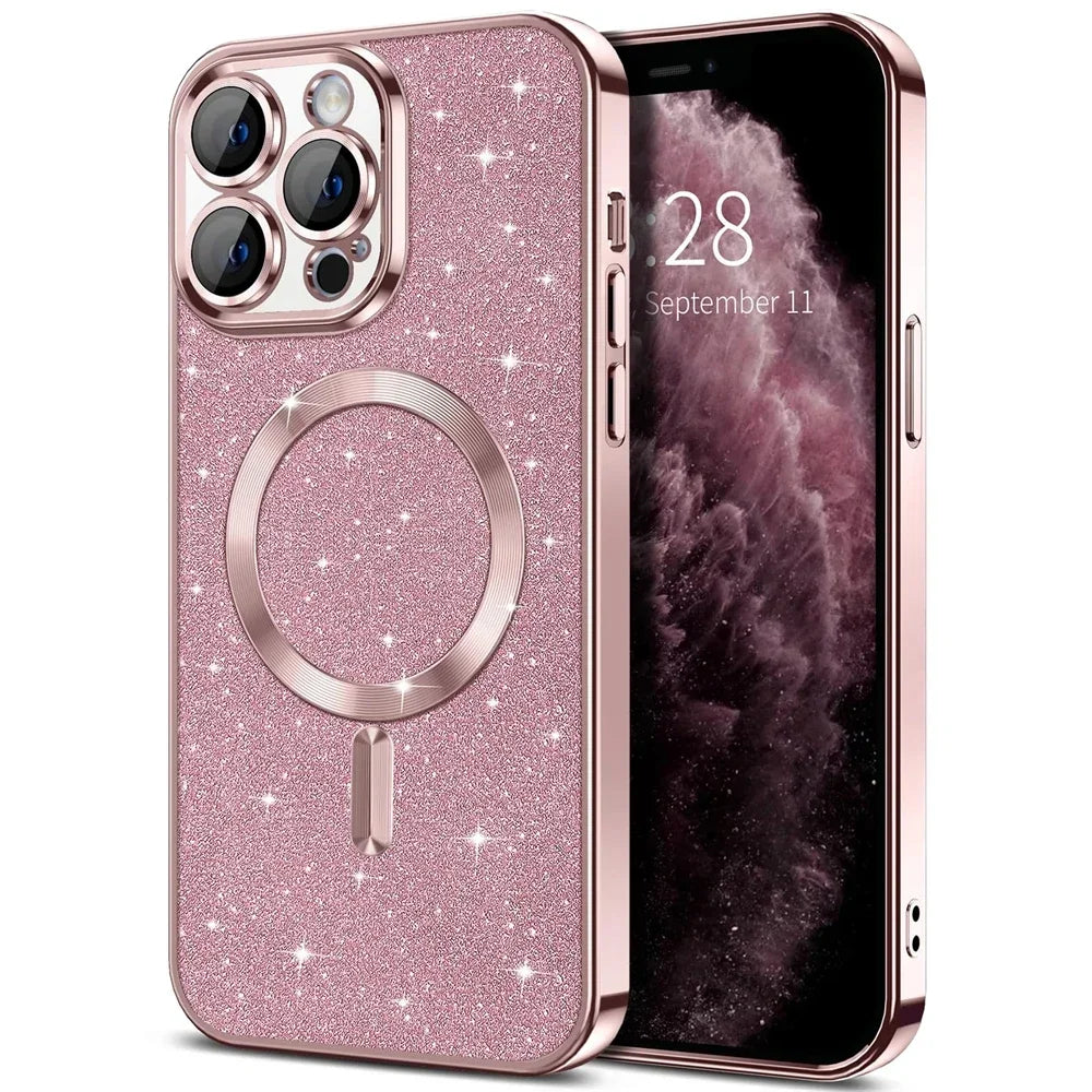 Electroplate Glitter Case For iPhone 16 15 14 13 12 11 Pro Max Plus For Magsafe Wireless Charge Bumper Cover With Lens Protector